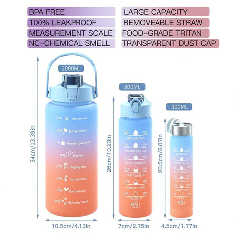 1pc Gradient Water Bottle With Large Capacity (2000ml/800ml/300ml) And Straw