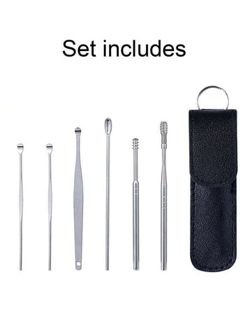 6pcs/Set Stainless Steel Ear Cleaning Tools - Spiral Spring Ear Spoon Set