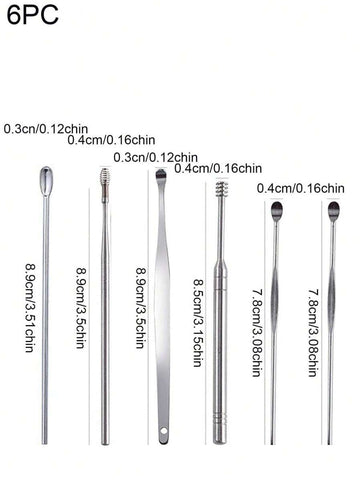 6pcs/Set Stainless Steel Ear Cleaning Tools - Spiral Spring Ear Spoon Set