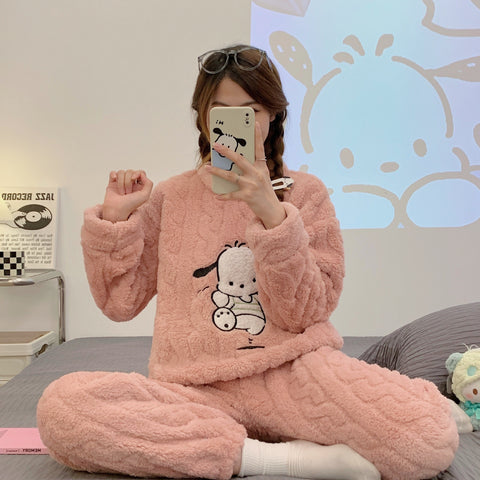 Winter Pajamas Sets Homewear Solid Color Loose Thickened Coral Velvet Pullover Long Sleeves And Trousers Warm Pajamas Indoor Outdoor Casual Clothes